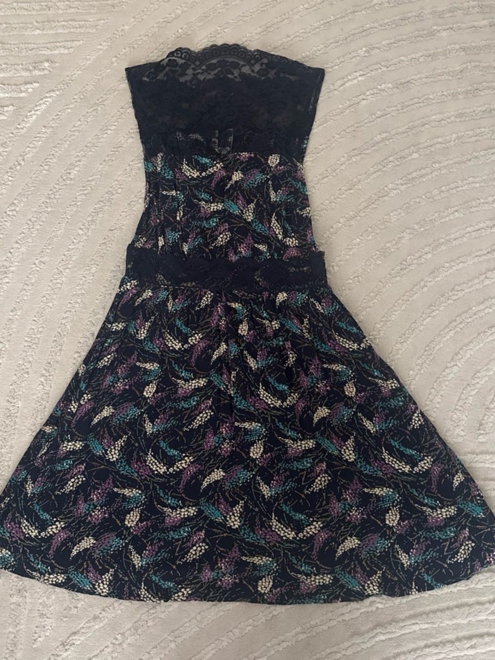 Free People Navy Floral-Print Lace Bodice Dress, XS